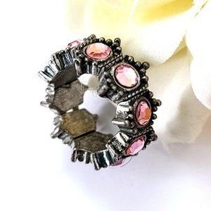 Pink Rhinestone Size 5.5 (OS) Stretch Pewter Ring Ornate Textured Bezel Set